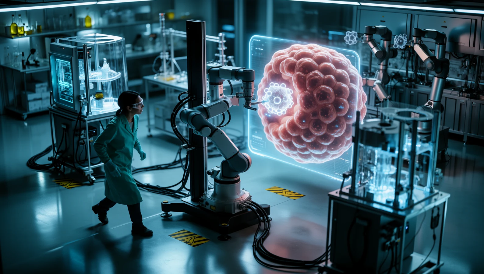 Advanced biotechnology laboratory using robotic systems to analyze experimental peptide and cellular regeneration research.