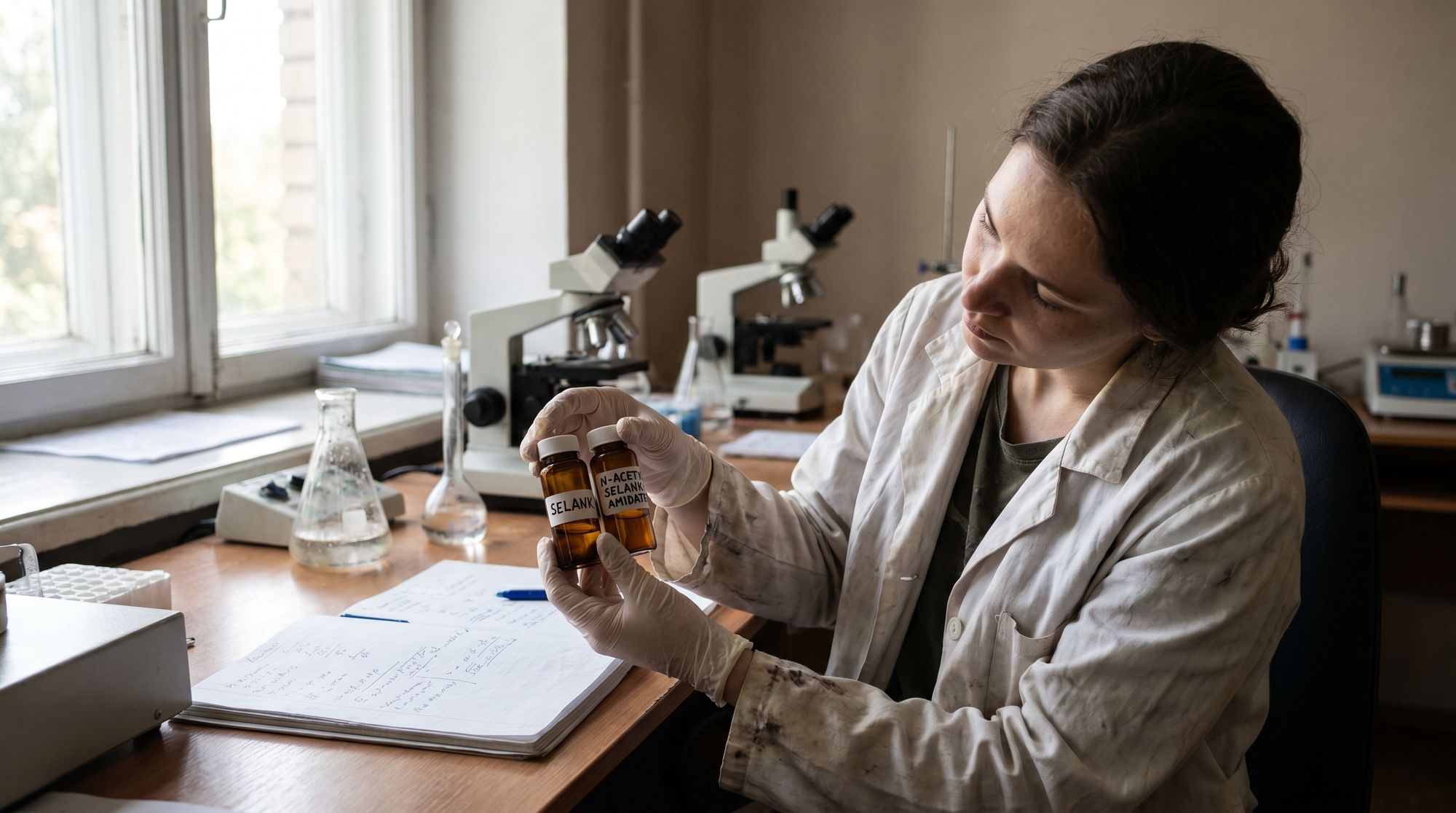 Scientist in a lab coat and gloves holds two brown bottles labeled Selank and N-acetyl Selank amide, with microscopes and glassware on the bench behind her.