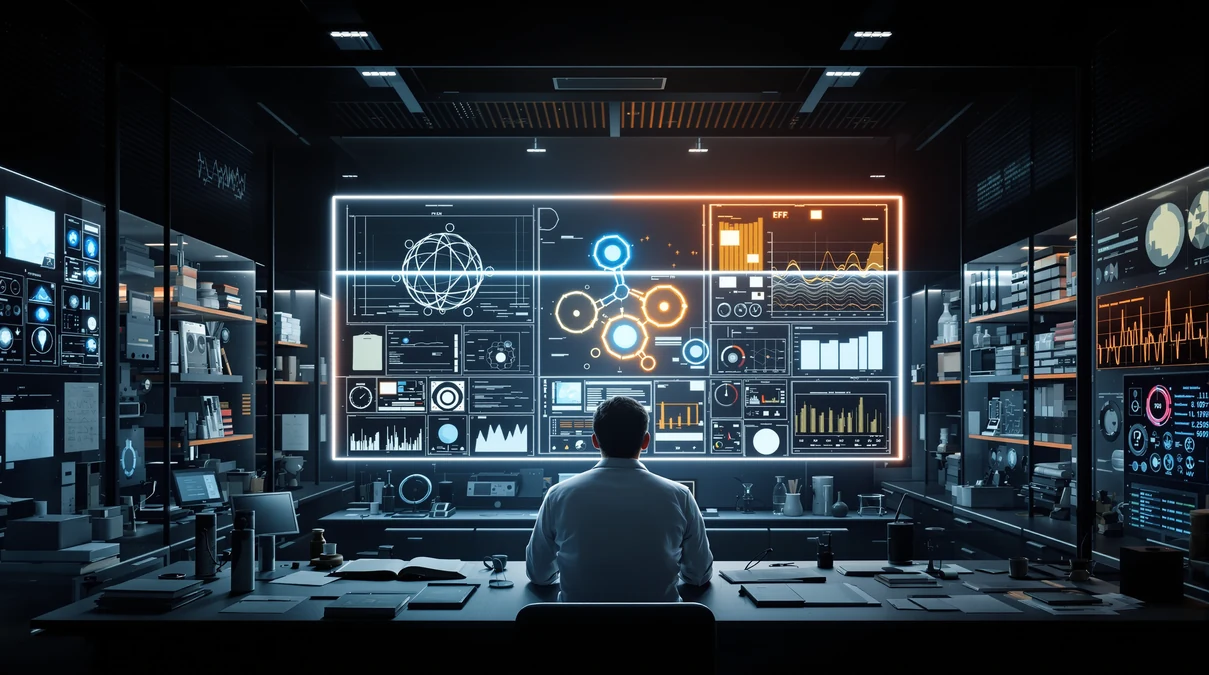 Dark cinematic neuroscience illustration showing Piracetam research inside a modern biotech laboratory with cognitive testing screens, molecular diagrams, and unresolved human-data analysis.