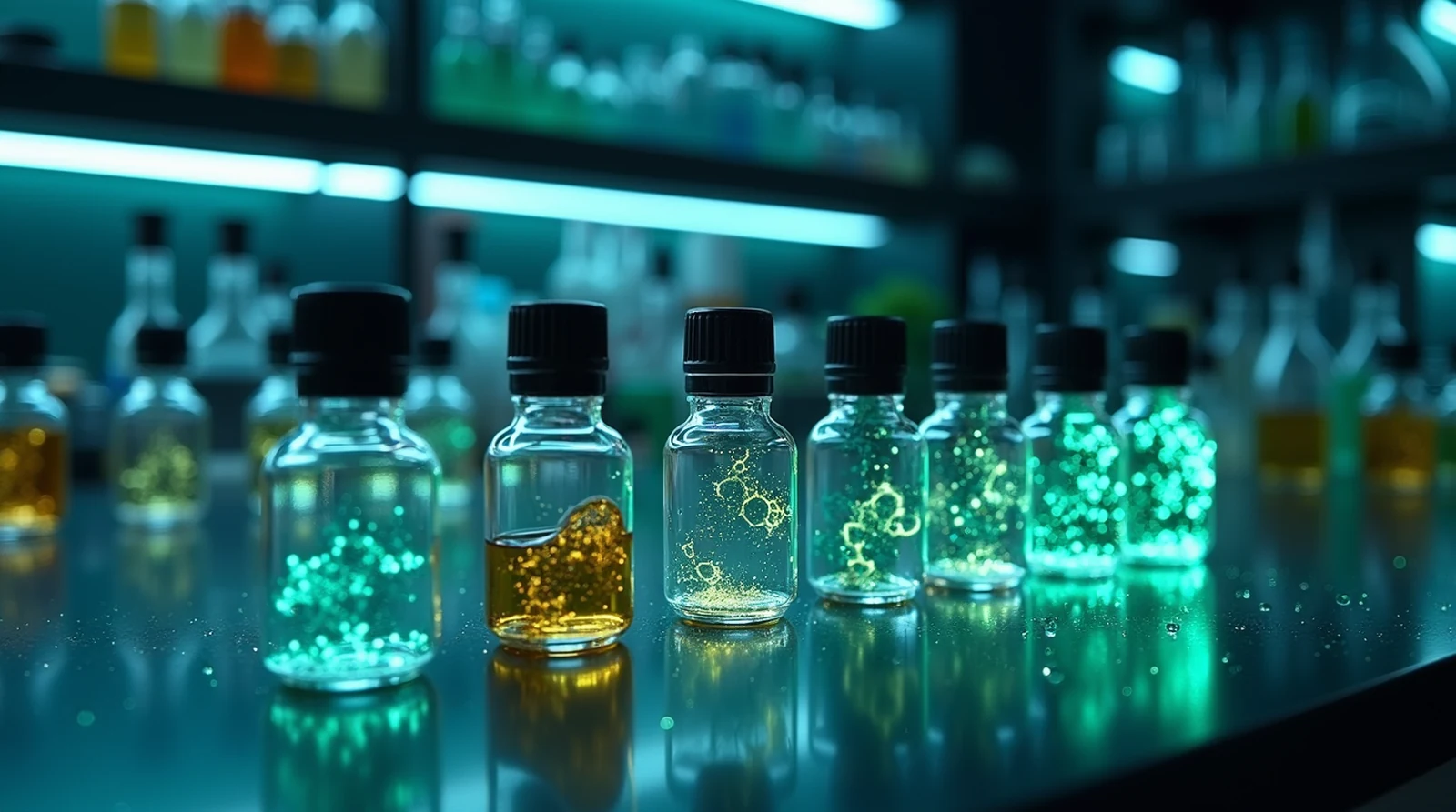 Futuristic longevity research laboratory displaying multiple peptide vials and blended peptide stacks with advanced molecular overlays, representing the balance between convenience and dosage control in modern peptide research.